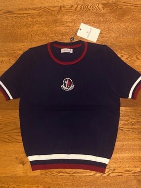 Moncler Navy Short-Sleeve Crewneck Sweater with Red and White Trim